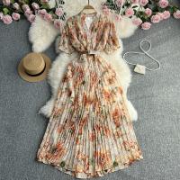Polyester Waist-controlled & Pleated One-piece Dress large hem design printed : PC