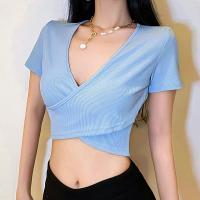 Polyester Slim Women Short Sleeve T-Shirts patchwork Solid blue PC