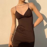 Polyester Slip Dress backless patchwork Solid brown PC