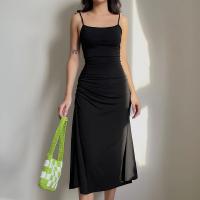 Polyester Slip Dress backless patchwork Solid black PC