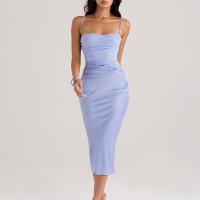 Polyester Slim Long Evening Dress patchwork Solid blue PC