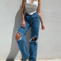 Cotton Ripped Women Jeans patchwork deep blue PC