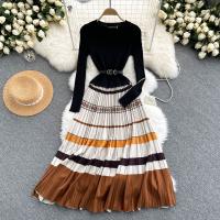 Knitted & Polyester Waist-controlled One-piece Dress large hem design patchwork black PC