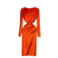 Knitted Slim & front slit One-piece Dress slimming Solid : PC