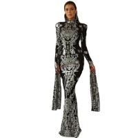 Sequin & Polyester Slim & High Waist Long Evening Dress patchwork Others black PC