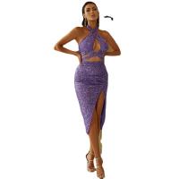 Sequin & Polyester Slim Long Evening Dress side slit & backless & hollow patchwork Solid purple PC