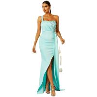 Sequin & Polyester Slim Long Evening Dress side slit & backless patchwork Solid sky blue PC
