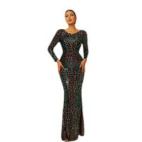 Polyester Slim Long Evening Dress patchwork floral green PC