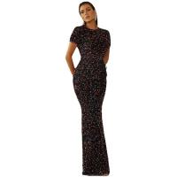 Sequin & Polyester Slim Long Evening Dress backless patchwork Solid black PC