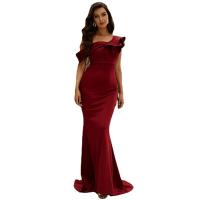Polyester Slim & Mermaid Long Evening Dress & One Shoulder patchwork Solid wine red PC