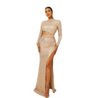 Sequin & Polyester Slim Long Evening Dress side slit & hollow patchwork Others gold PC
