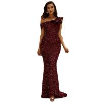 Sequin & Polyester Slim & Mermaid Long Evening Dress & off shoulder patchwork Solid wine red PC