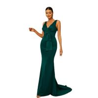 Polyester Slim & Mermaid Long Evening Dress deep V patchwork Solid deep green PC