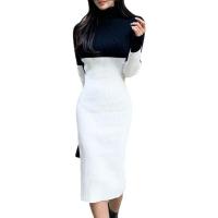 Polyester Slim One-piece Dress contrast color plain dyed patchwork white PC