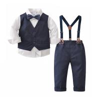 Cotton Boy Clothing Set & three piece vest & Pants & top plain dyed Solid Navy Blue Set