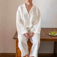 Cotton Linen Women Pajama Set & two piece Pants & top Solid white Set