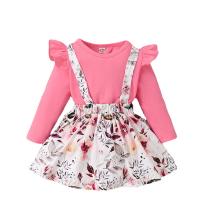 Cotton Slim Girl Clothes Set & two piece skirt & top printed floral pink Set