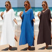 Cotton Swimming Cover Ups deep V & side slit & sun protection Solid : PC