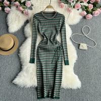 Polyester Waist-controlled & Slim Sexy Package Hip Dresses printed striped green : PC