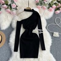 Polyester Waist-controlled & Slim Sexy Package Hip Dresses off shoulder knitted Solid black : PC