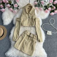 Polyester Crop Top Women Casual Set & two piece & off shoulder skirt & top Solid khaki Set