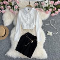 Polyester High Waist Women Casual Set slimming & two piece long sleeve shirt & skirt white and black Set