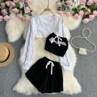 Polyester Women Casual Set three piece short & bandeau bra & top letter white and black : Set