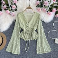 Polyester Women Long Sleeve Blouses see through look & deep V : PC