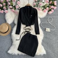 Polyester High Waist Women Casual Set slimming & two piece skirt & coat Solid black Set
