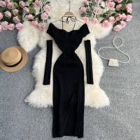 Polyester Waist-controlled & Slim Sexy Package Hip Dresses side slit & off shoulder oversleeve Solid black : PC