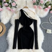 Polyester Waist-controlled Sexy Package Hip Dresses off shoulder & hollow Solid black : PC