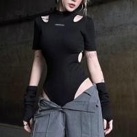 Knitted Cotton Slim Women Jumpsuit with oversleeve patchwork black PC