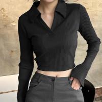 Polyester Frauen Langarm T-shirt, Solide, Schwarz,  Stück