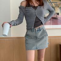 Cotton Slim Women Long Sleeve Blouses & two piece knitted Solid gray Set