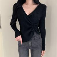 Cotton Drawstring Design Women Long Sleeve Blouses knitted Solid black PC