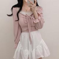 Polyester Drawstring Design Women Long Sleeve Blouses & fake two piece patchwork PC