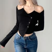 Cotton Slim Women Long Sleeve Blouses patchwork Solid black PC