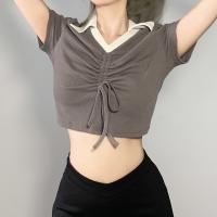 Cotton Drawstring Design & Slim Women Short Sleeve T-Shirts patchwork Solid PC