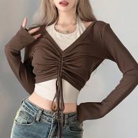 Cotton Slim Women Long Sleeve T-shirt & fake two piece patchwork brown PC
