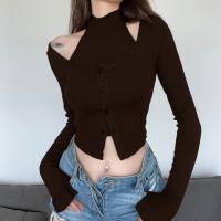 Cotton Slim Women Long Sleeve Blouses & two piece knitted Solid brown Set