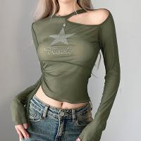 Polyester Women Long Sleeve Blouses see through look printed army green PC