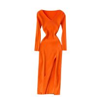 Knitted Slim & front slit Sexy Package Hip Dresses slimming & deep V Solid : PC