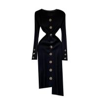 Knitted Waist-controlled One-piece Dress irregular & slimming Solid black : PC
