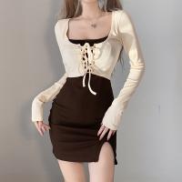 Cotton Slim Sexy Package Hip Dresses patchwork brown PC