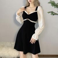 Polyester One-piece Dress slimming patchwork black PC