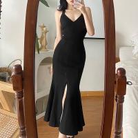 Polyester Sexy Package Hip Dresses backless patchwork Solid black PC