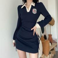 Polyester Slim Sexy Package Hip Dresses patchwork deep blue PC