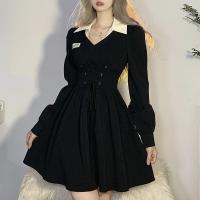Polyester Slim One-piece Dress patchwork black PC