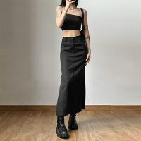 Polyester Slim Package Hip Skirt side slit patchwork Solid black PC