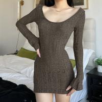 Polyester Slim Sexy Package Hip Dresses knitted Solid coffee PC